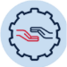 A logo of a gear with a hand in the middle Description automatically generated