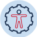 A blue circle with a red and black outline of a person in a gear Description automatically generated