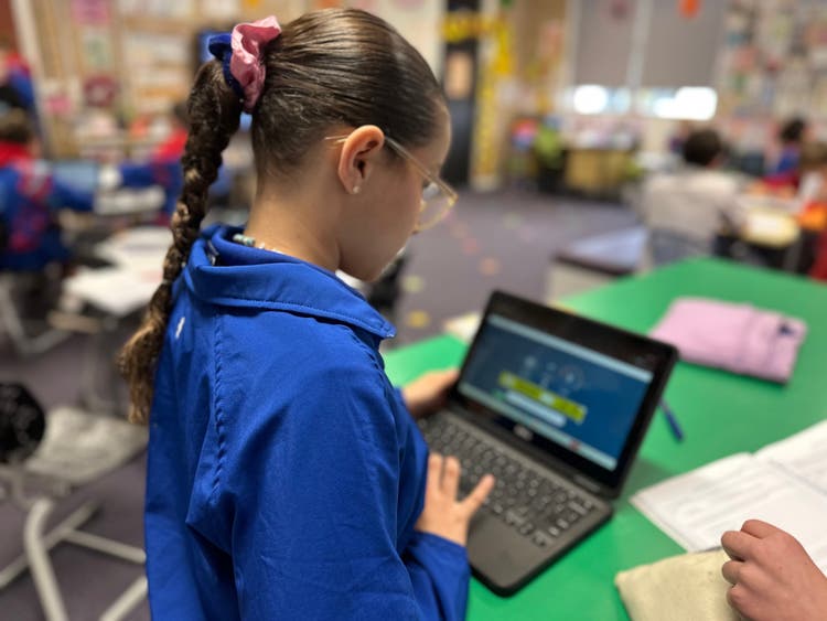 A student working on a laptop in a stage 3 classroom.
